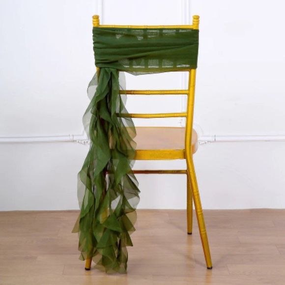 1 Set Olive Green Chiffon Hoods With Ruffles Willow 250 Chair Sashes - Picture 1 of 3